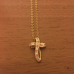 Gold Tone Pink and Crystal Cross Necklace